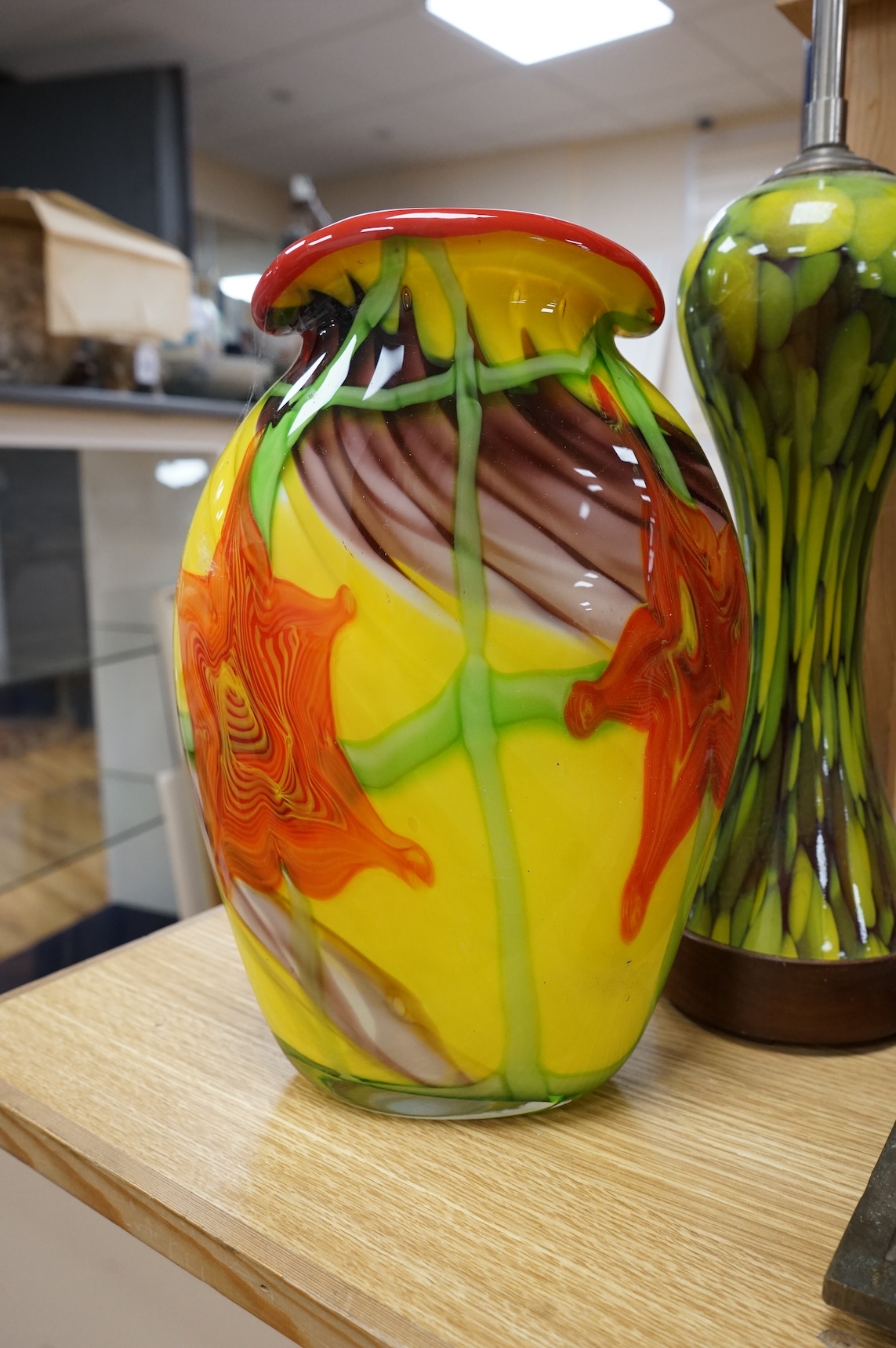 A faux glass lamp base with chome fitting and an art glass vase, lamp base 65cm high